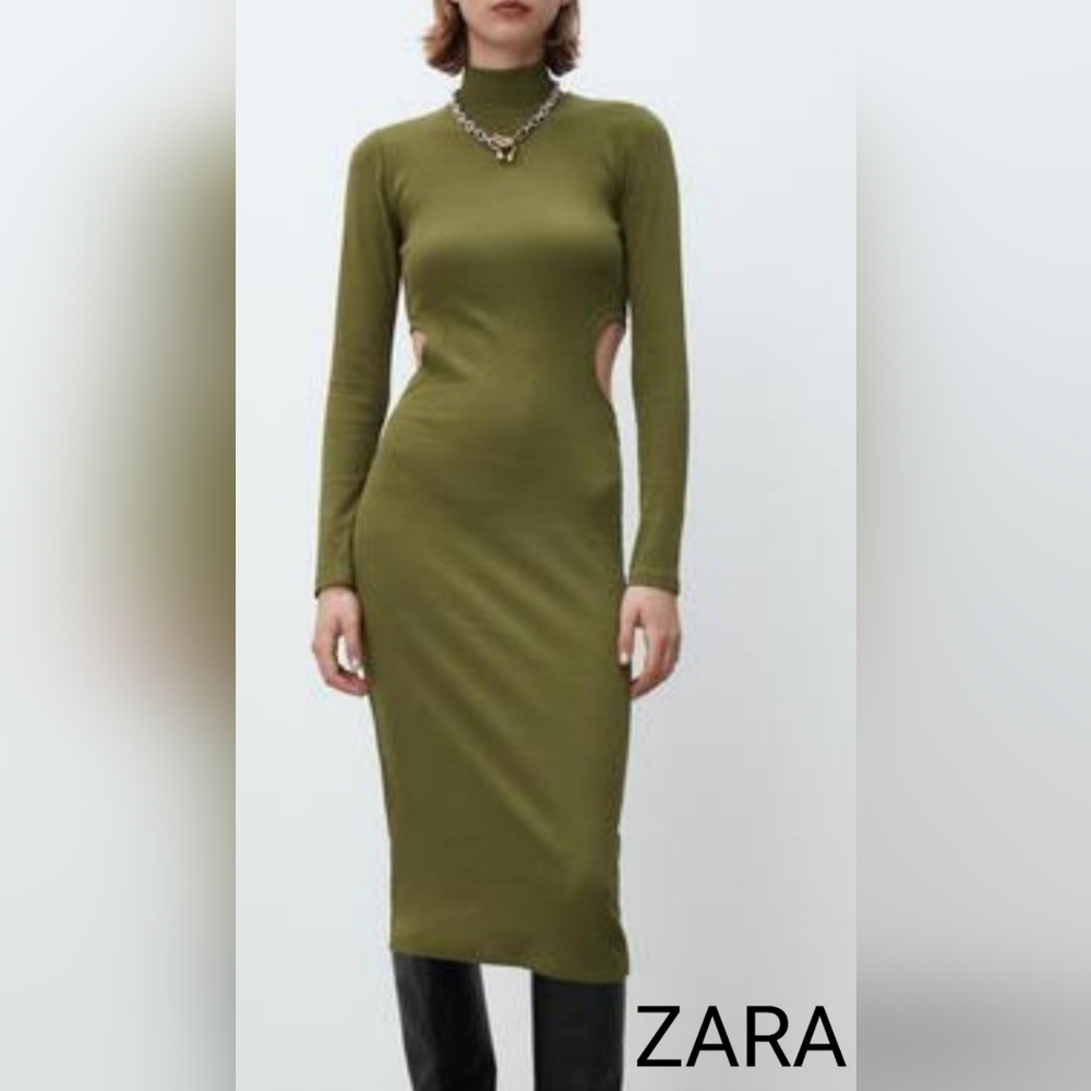 Zara Khaki Long Sleeve Cut-Out Dress